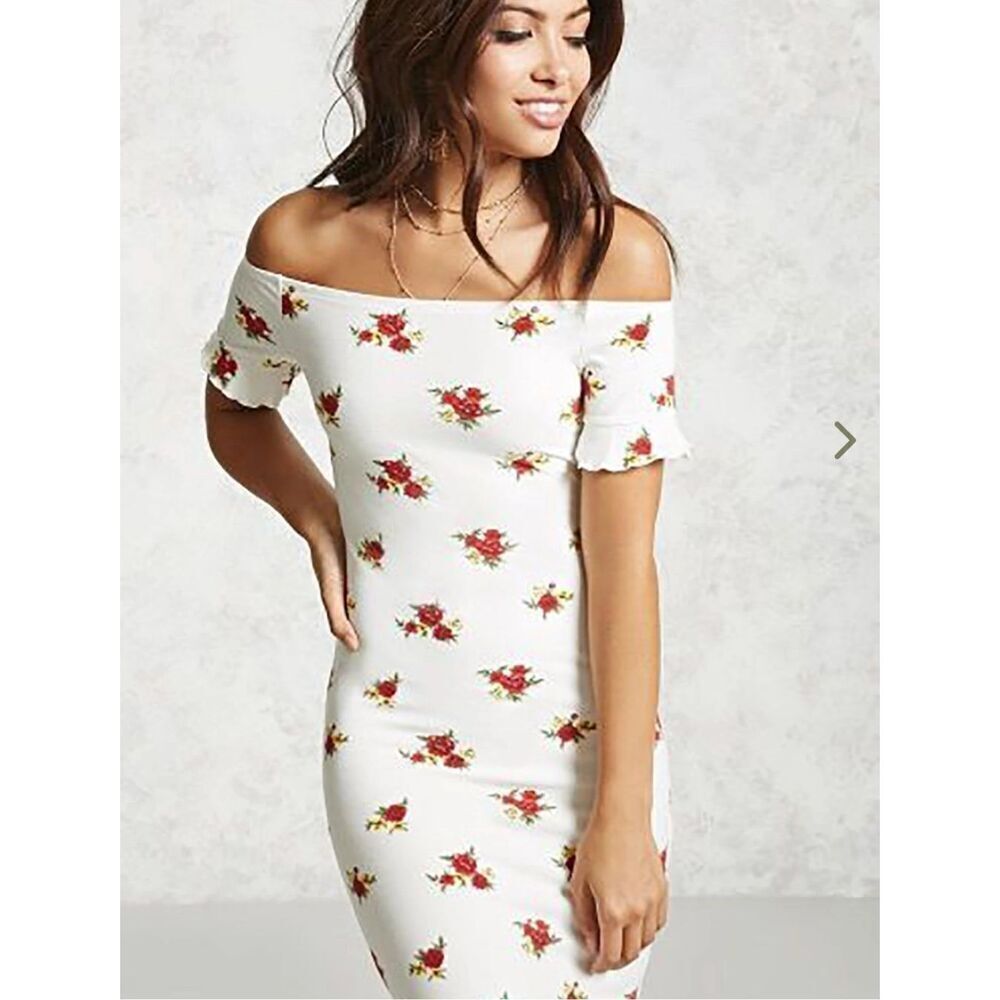 Forever 21 Womens Floral Off-Shoulder Printed Sheath Dress Ivory Red Medium NWT